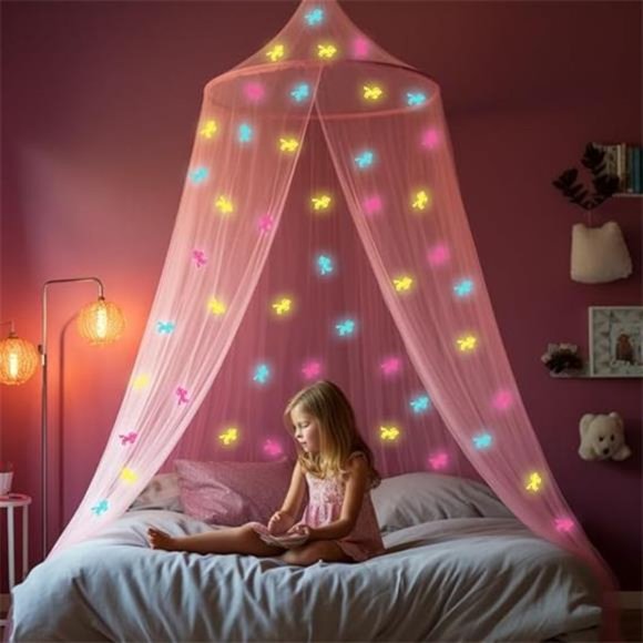 Pink Canopy for Girls Bed with Pre-Glued Glow in the Dark Unicorns - Princess - Picture 3 of 7